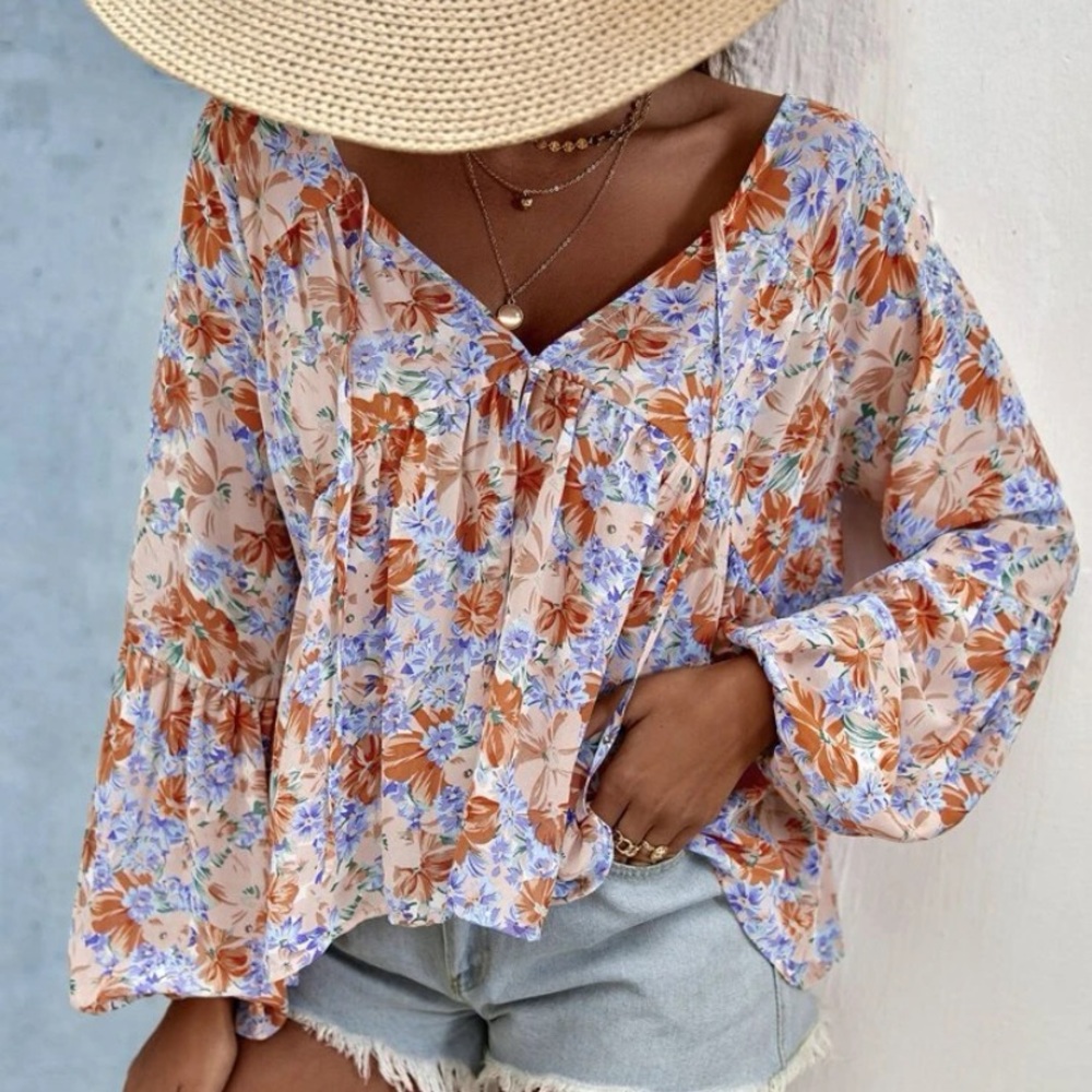 Floral print bishop sleeve blouse